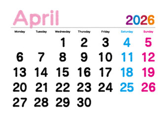 2026年4月の刺繍文字風カレンダー 月曜始まり 日本の祝日表記無し
