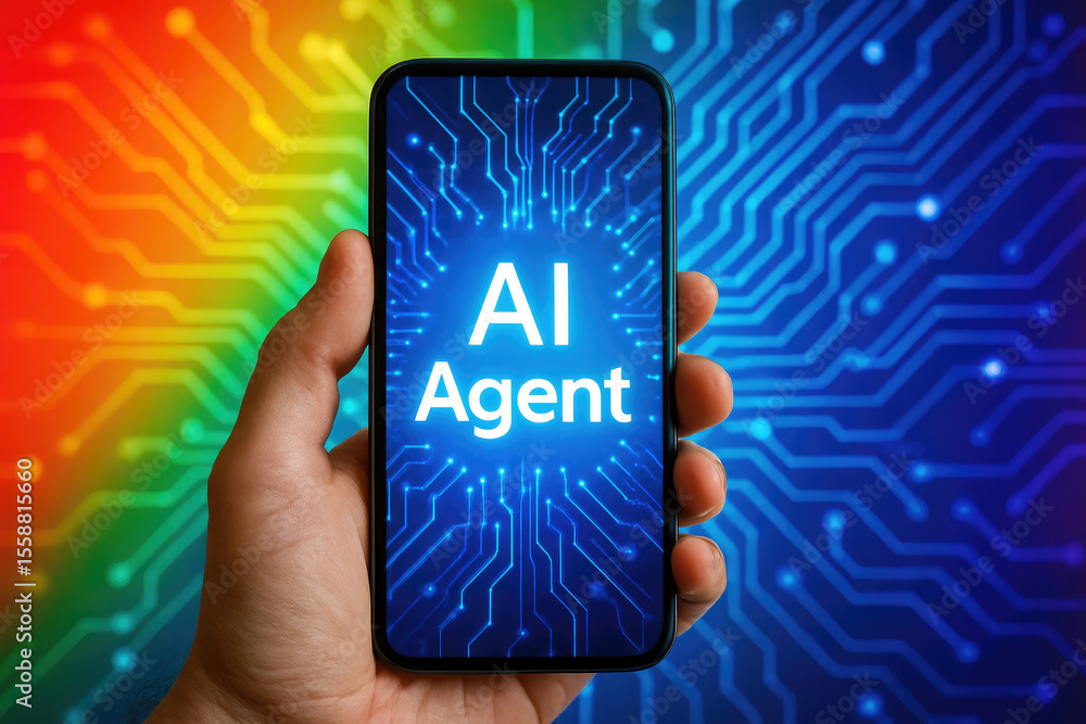 Poster hand holding smartphone displaying ai agent interface with circuit board background