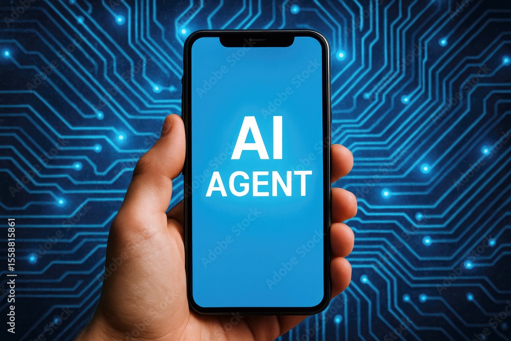 Poster hand holding smartphone displaying ai agent text against blue circuit board background