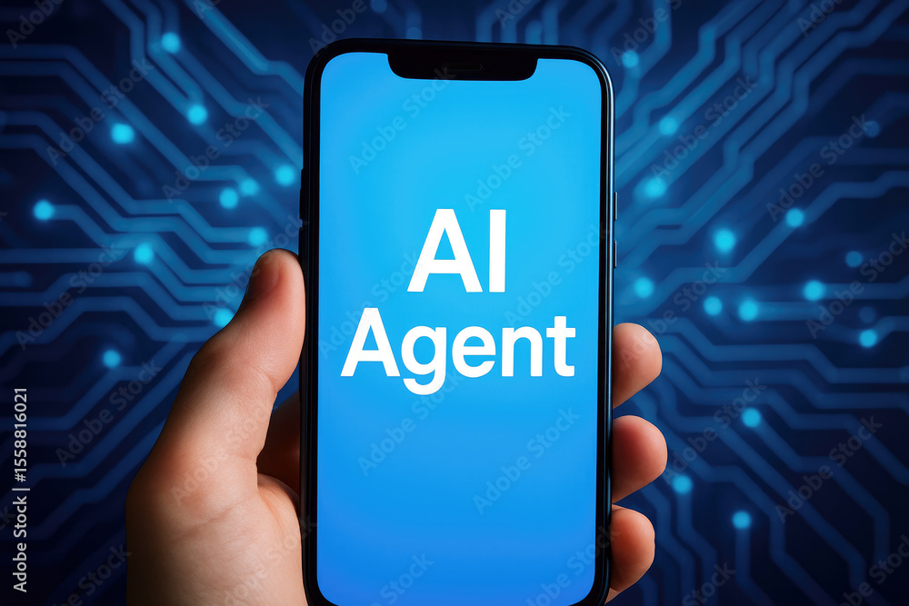 Aufkleber hand holding smartphone displaying artificial intelligence agent text against blue circuit board bac