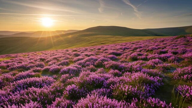 Purple heather field at sunrise