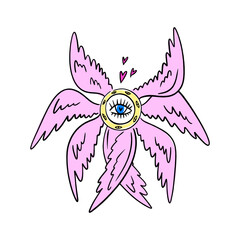 Bible cartoon pink accurate angel hand-drawn doodle psychedelic illustration with many eyes isolated clipart on white background. Perfect for tattoo or sticker or t shirt print and more. Be not afraid