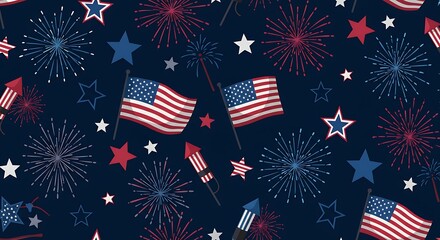 Obraz premium Patriotic Fireworks and Stars Seamless Pattern Festive 4th of July Background