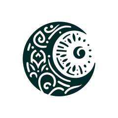 Tribal moon crescent in dark green, flat design
