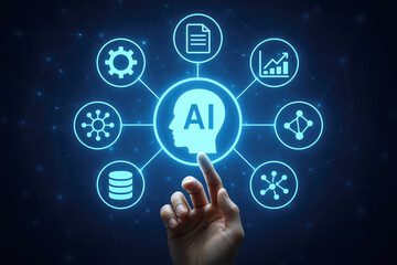 Human finger touching artificial intelligence network diagram human interaction technology