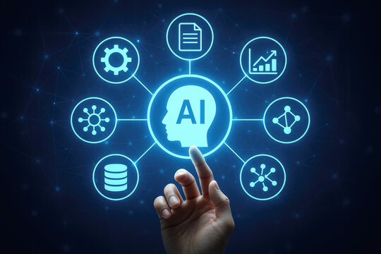 Human finger touching artificial intelligence network diagram human interaction technology