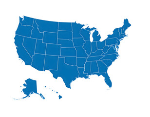 Detailed blue three dimensional map of the United States featuring all fifty states and their distinct borders.