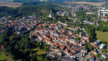 Aerial view of the old town of the city Weida on a sunny noon in summer in Germany.