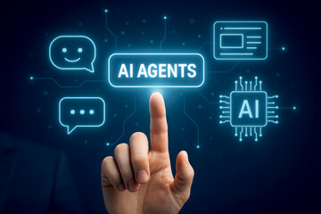 Human finger touching glowing blue AI agents interface with digital icons artificial intelligence