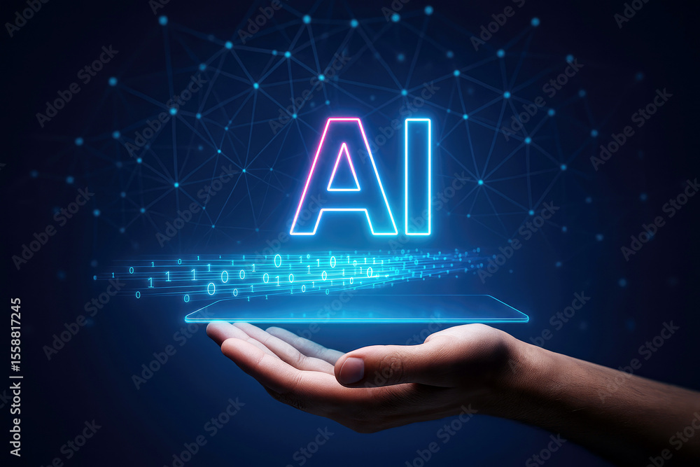 Poster human hand holding glowing artificial intelligence interface with digital data stream