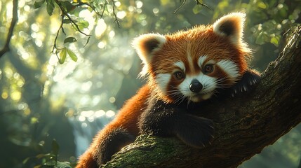Fototapeta premium A curious red panda perched on a tree branch overlooking a lush valley and river