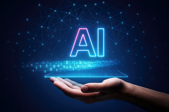 Human hand holding glowing artificial intelligence interface with digital data stream