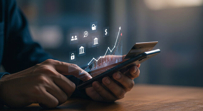 Close-up of hands holding smartphone and credit card with digital payment icons overlayed. Illustrates secure online transactions and e-commerce. - Powered by Adobe