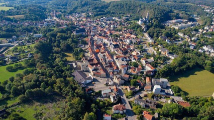 Aerial view of the old town of the city Weida on a sunny noon in summer in Germany.
