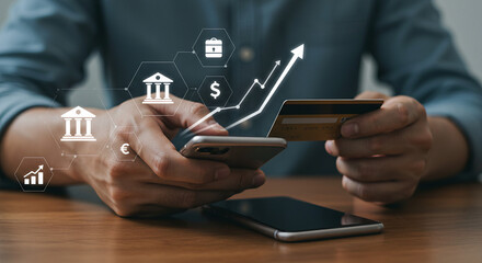 Close-up of hands holding smartphone and credit card with digital payment icons overlayed. Illustrates secure online transactions and e-commerce.