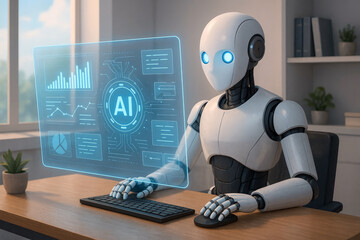 Humanoid robot interacting with futuristic holographic interface displaying data analytics