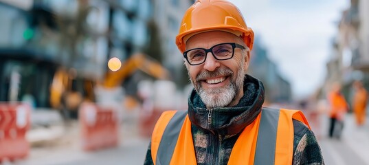 Cheerful Construction Supervisor Wearing Hard Hat, Overseeing Safety in Busy Construction Zone Site