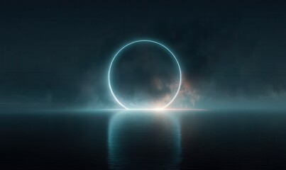 Glowing circle above still, dark Water at Night
