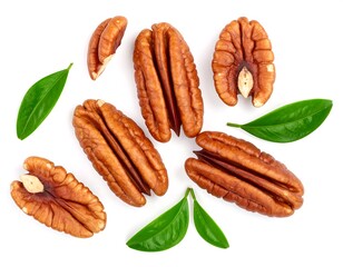 Pecan nuts with leaves