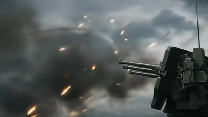 Military anti-aircraft gun firing in dramatic sky with smoke and explosions in the background