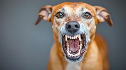 Close up portrait shot of an angry dog with fierce emotion baring its sharp teeth and snarling with a menacing expression