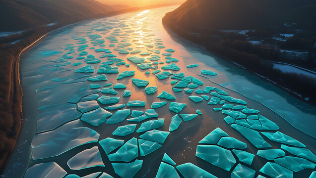 Aerial view of a frozen river with glowing ice floes at sunset - Powered by Adobe