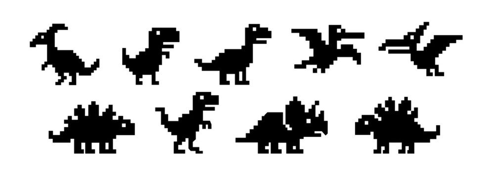 Dinosaur pixel game icon offline error. Cartoon dinosaur pixel icon art.