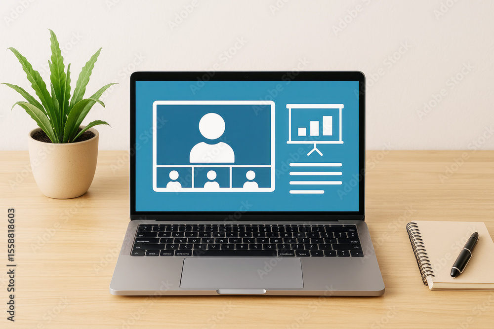 Poster laptop displaying video conference with presentation and notebook with pen image