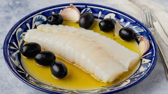 Bacalhau, close-up of flaky cod fillet with olives, served on a traditional plate, vibrant and savory
