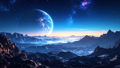 A breathtaking alien landscape under a vibrant sky with a large planet looming above distant mountains