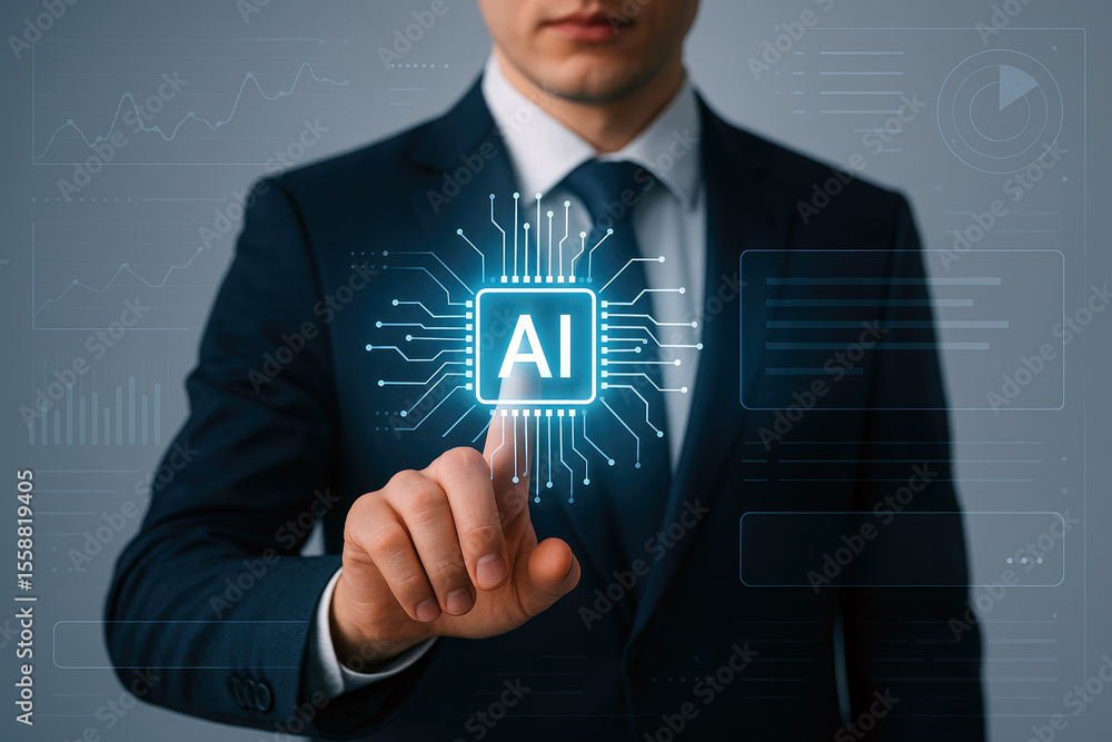 Poster man touching glowing artificial intelligence chip circuit board image