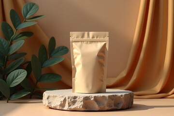Brown Paper Pouch Bag on Stone Podium – Warm Natural Packaging Scene with Draped Fabric and Eucalyptus Styling
