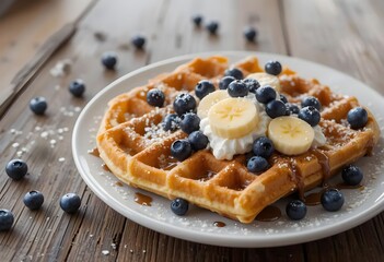 Waffles with blueberries, banana slices, and whipped cream, rustic wooden surface, natural light.