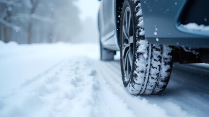 Car Wheel on Snowy Road Winter Driving Safety