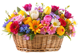  colorful spring flower arrangement in a woven bask isolated on white background  PNG , AI GENERATED