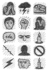 Depression and Mental Health Sketches – Hand-Drawn Sad People, Emotions, and Therapy Icons (Transparent Background)