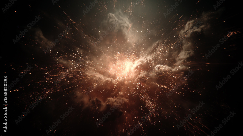 Poster bright explosion illuminating dark clouds with particles expanding in universe