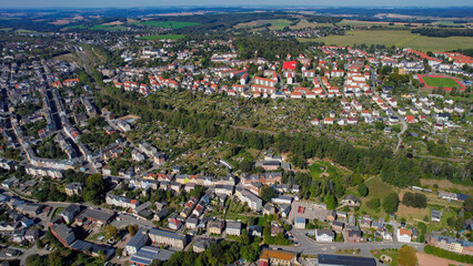 Naklejka premium Aerial view of the old town of the city Reichenbach on a sunny noon in summer in Germany.