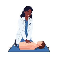 A female doctor is performing CPR on a medical dummy, demonstrating first aid and resuscitation techniques