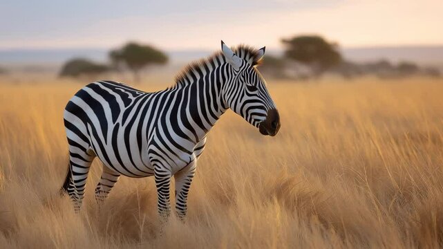 Striped zebra mammal standing still golden savannah grass with soft light and blurred trees, peaceful wildlife nature scene showcasing animal beauty
