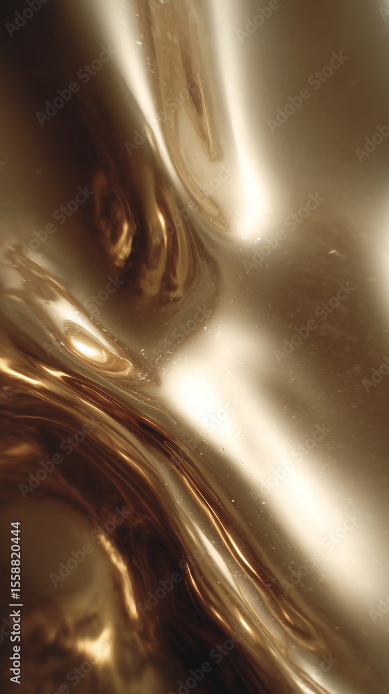 Poster flowing golden liquid creating abstract shapes and reflections