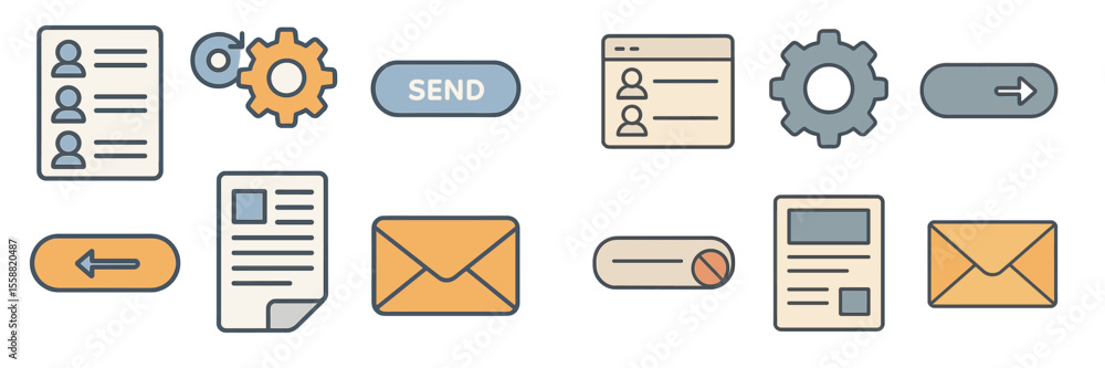 Poster icons representing digital communication and workflow management in a modern application environment