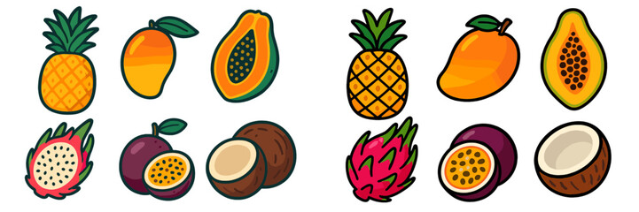 Colorful tropical fruits displayed on a bright background in a fun and playful style