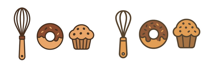 Baking tools and treats displayed in a simple design featuring donuts and cupcakes
