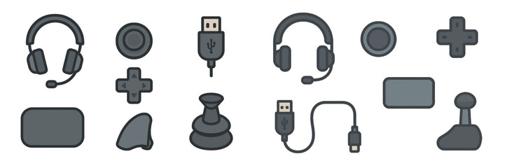 Various gaming accessories and components showcased in a minimalist style on a plain background