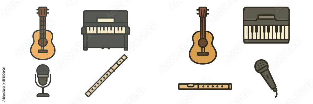Poster musical instruments arranged on a simple white background showcasing various types from guitars to k