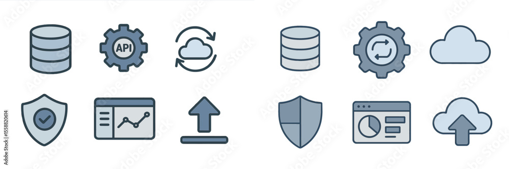 Poster design elements for data management and cloud integration featuring databases, gears, and security i
