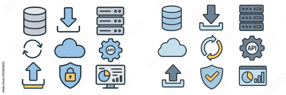 Poster icons representing data management and cloud storage concepts in a modern and minimalist style suita