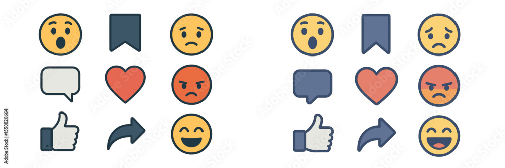 Poster collection of various emoji expressions and symbols for communication and emotions in digital conver