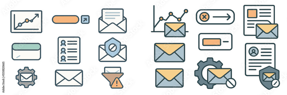 Poster email management icons showcasing various functionalities and data analytics in a modern, minimalist